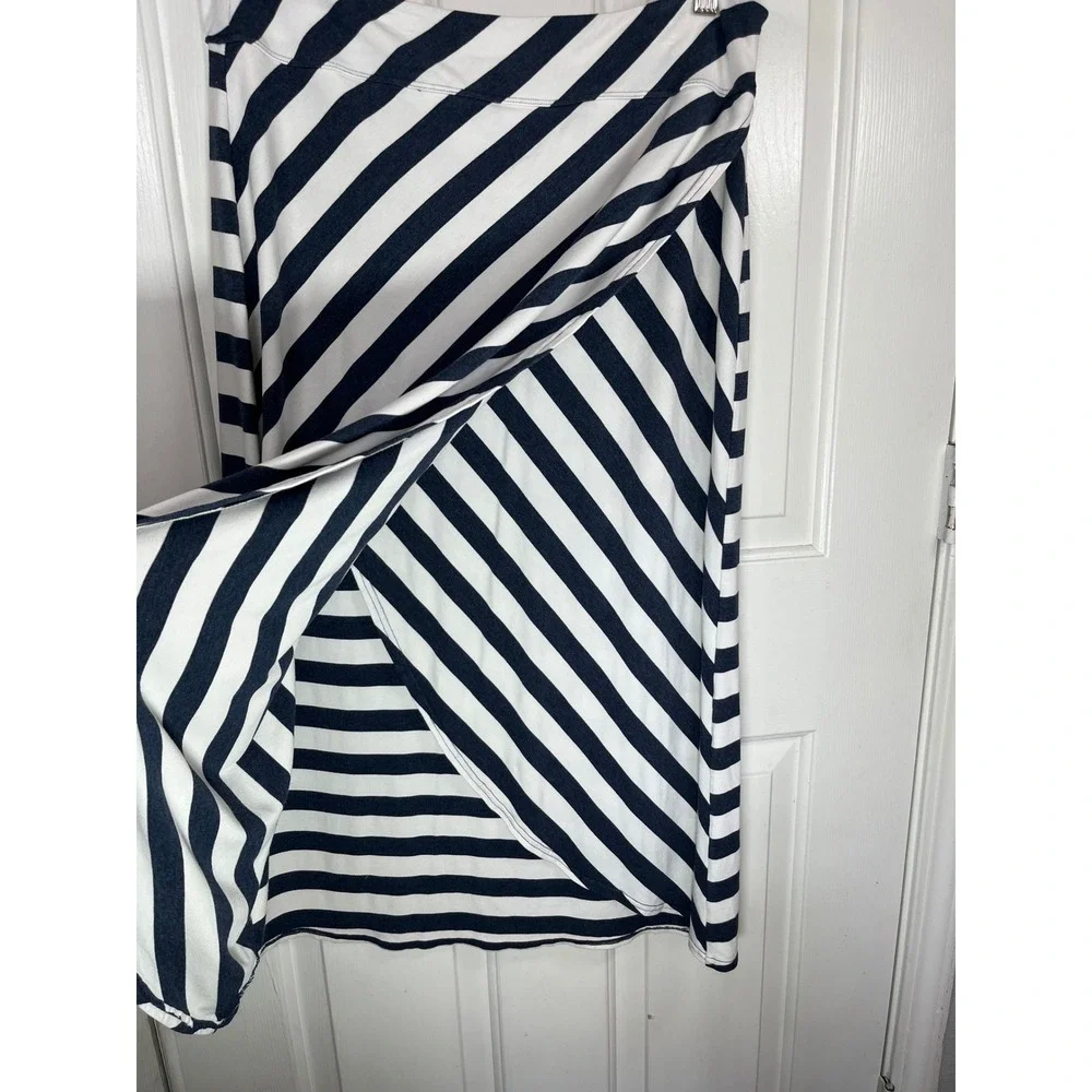 Athleta Skirt Wrap Front Midi L Navy White Striped Tulip Hem Stretch Coastal